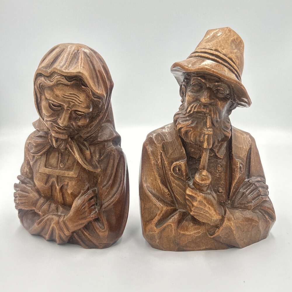 W.u.M Heinzeller Hand Carved Alpine Couple Bust Germany Wood Figures 60's MCM